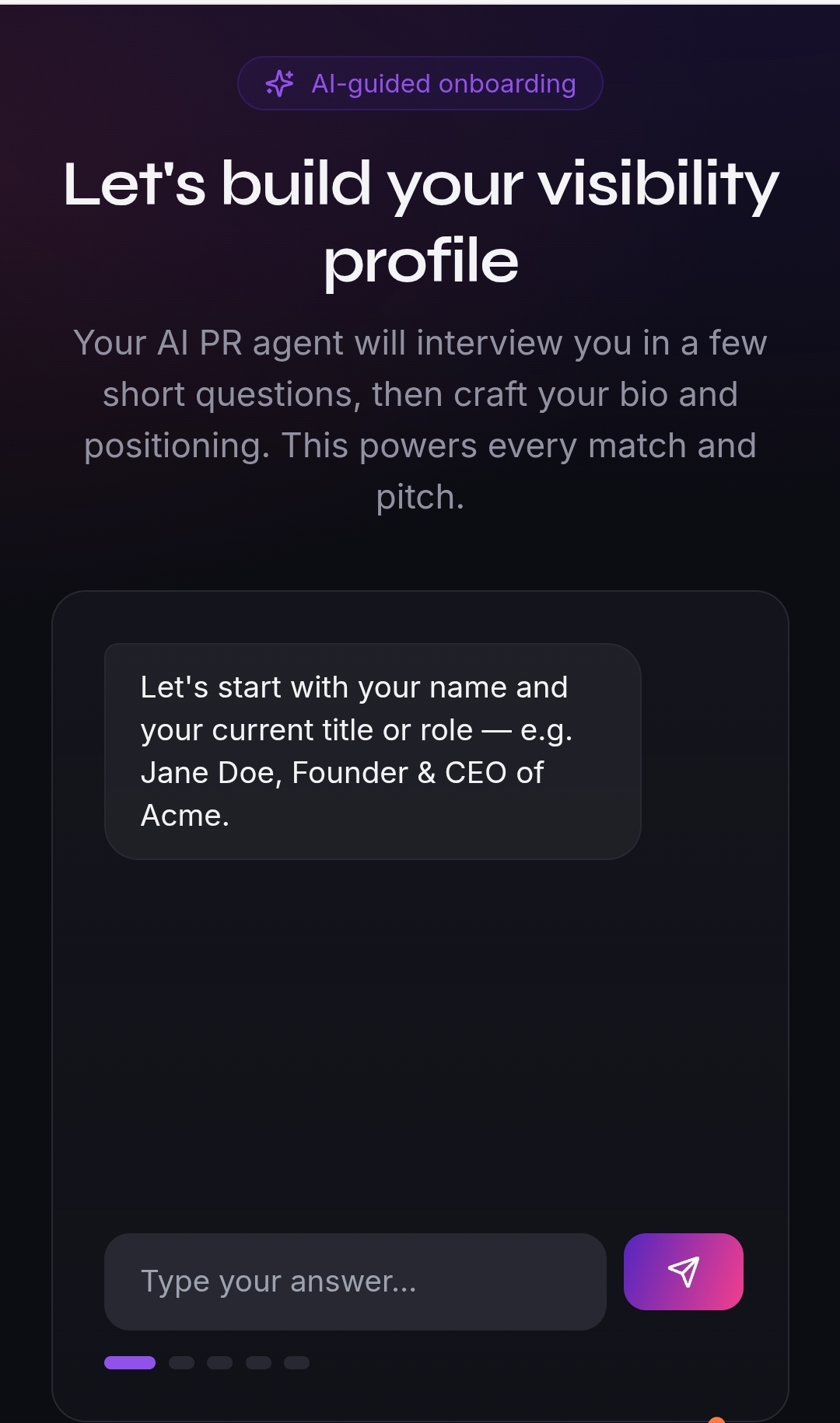 Kelly's AI PR Agent onboarding, built on her phone